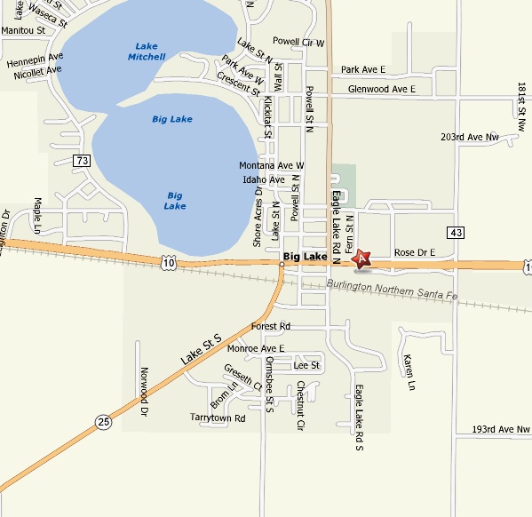 We are in the Lake Shopping Center on Highway 10, between Hardware